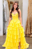 Kea | Bright Yellow - A Line Strapless Chiffon Ruffled Long Formal Prom Dresses With Bow - KissProm