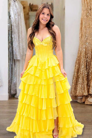 Kea | Bright Yellow - A Line Strapless Chiffon Ruffled Long Formal Prom Dresses With Bow - KissProm