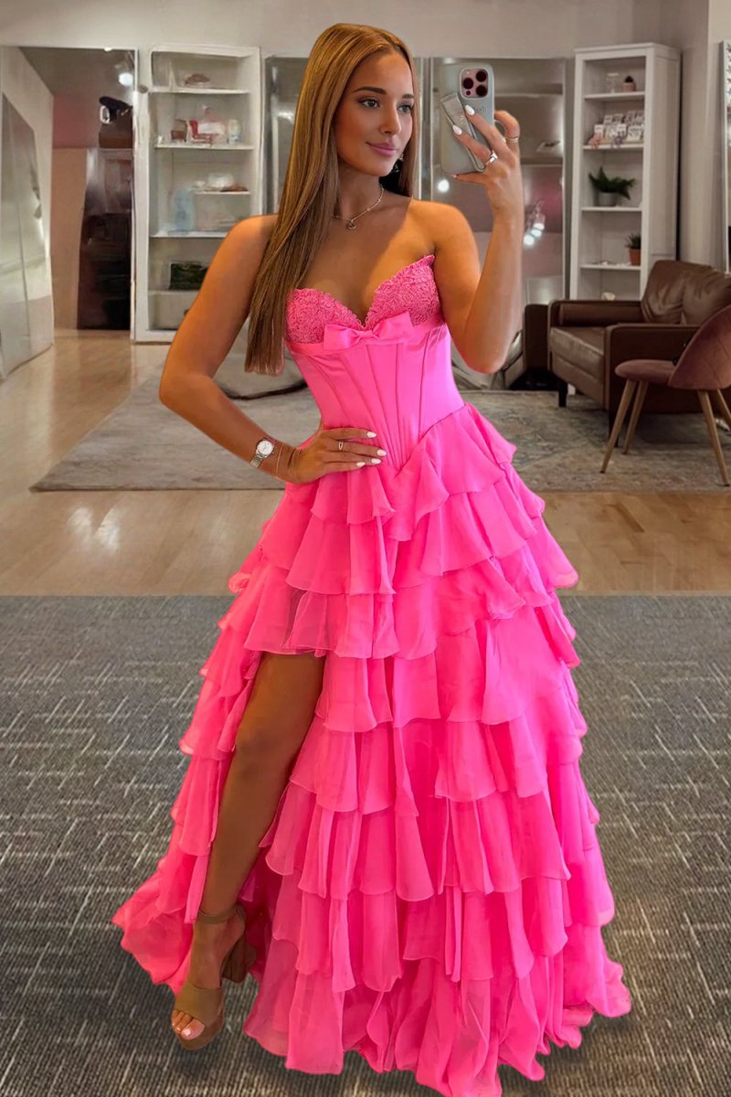 Kea | Fuchsia - A Line Strapless Chiffon Ruffled Long Formal Prom Dresses With Bow - KissProm