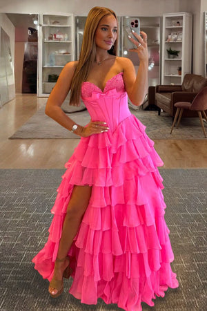 Kea | Fuchsia - A Line Strapless Chiffon Ruffled Long Formal Prom Dresses With Bow - KissProm