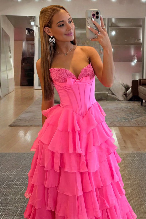 Kea | Fuchsia - A Line Strapless Chiffon Ruffled Long Formal Prom Dresses With Bow - KissProm