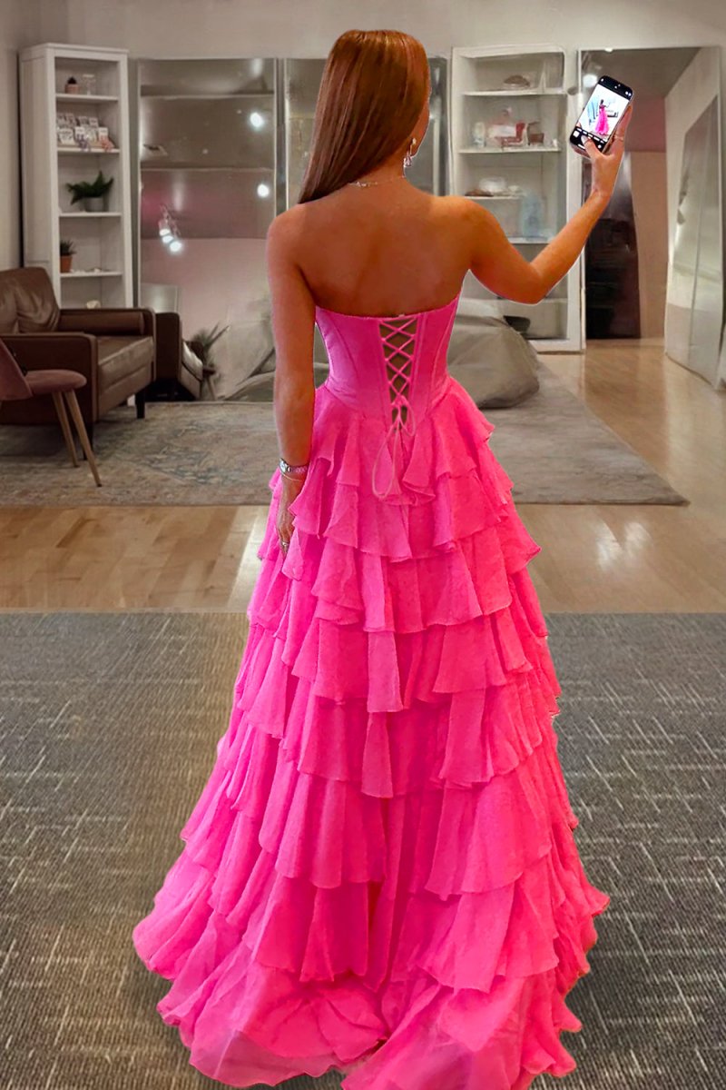 Kea | Fuchsia - A Line Strapless Chiffon Ruffled Long Formal Prom Dresses With Bow - KissProm