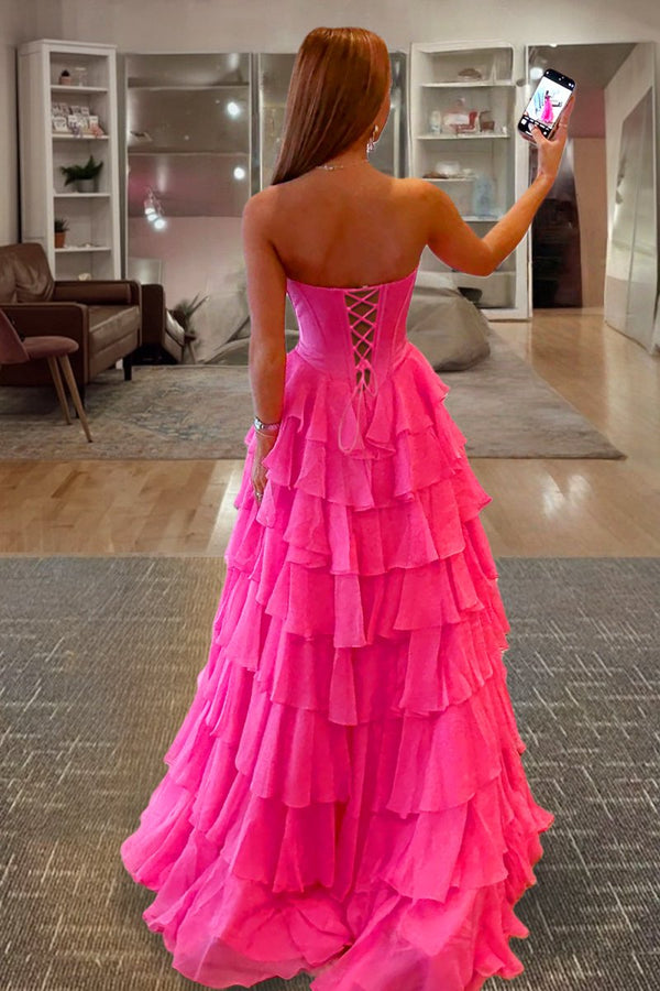 Kea | Fuchsia - A Line Strapless Chiffon Ruffled Long Formal Prom Dresses With Bow - KissProm