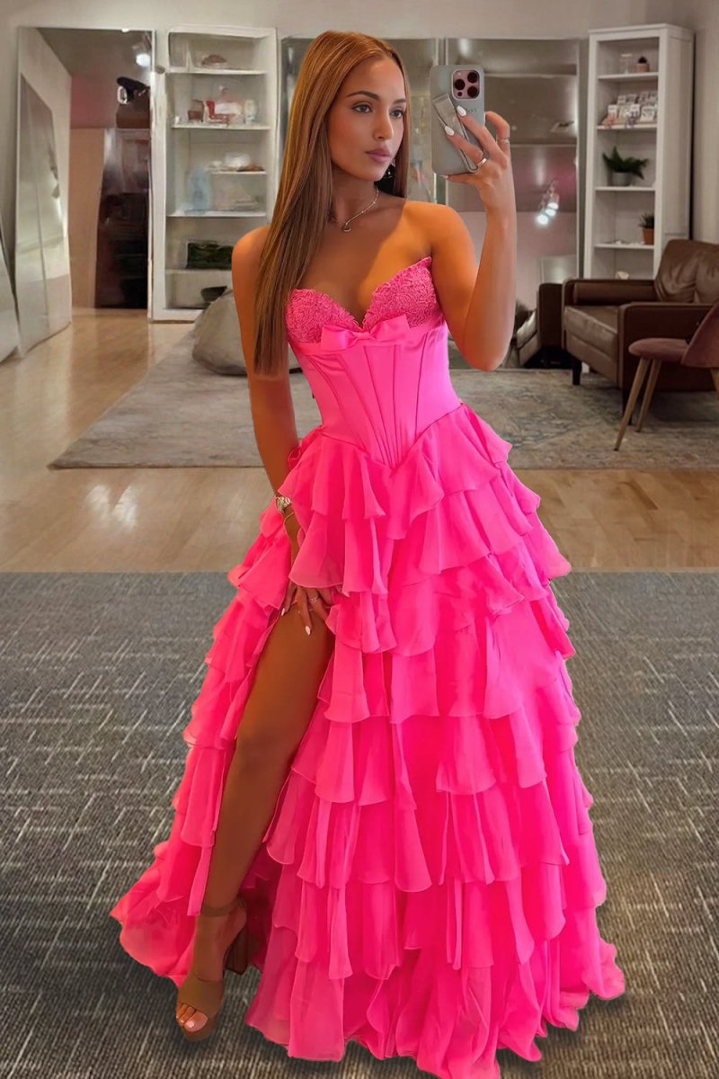 Kea | Fuchsia - A Line Strapless Chiffon Ruffled Long Formal Prom Dresses With Bow - KissProm