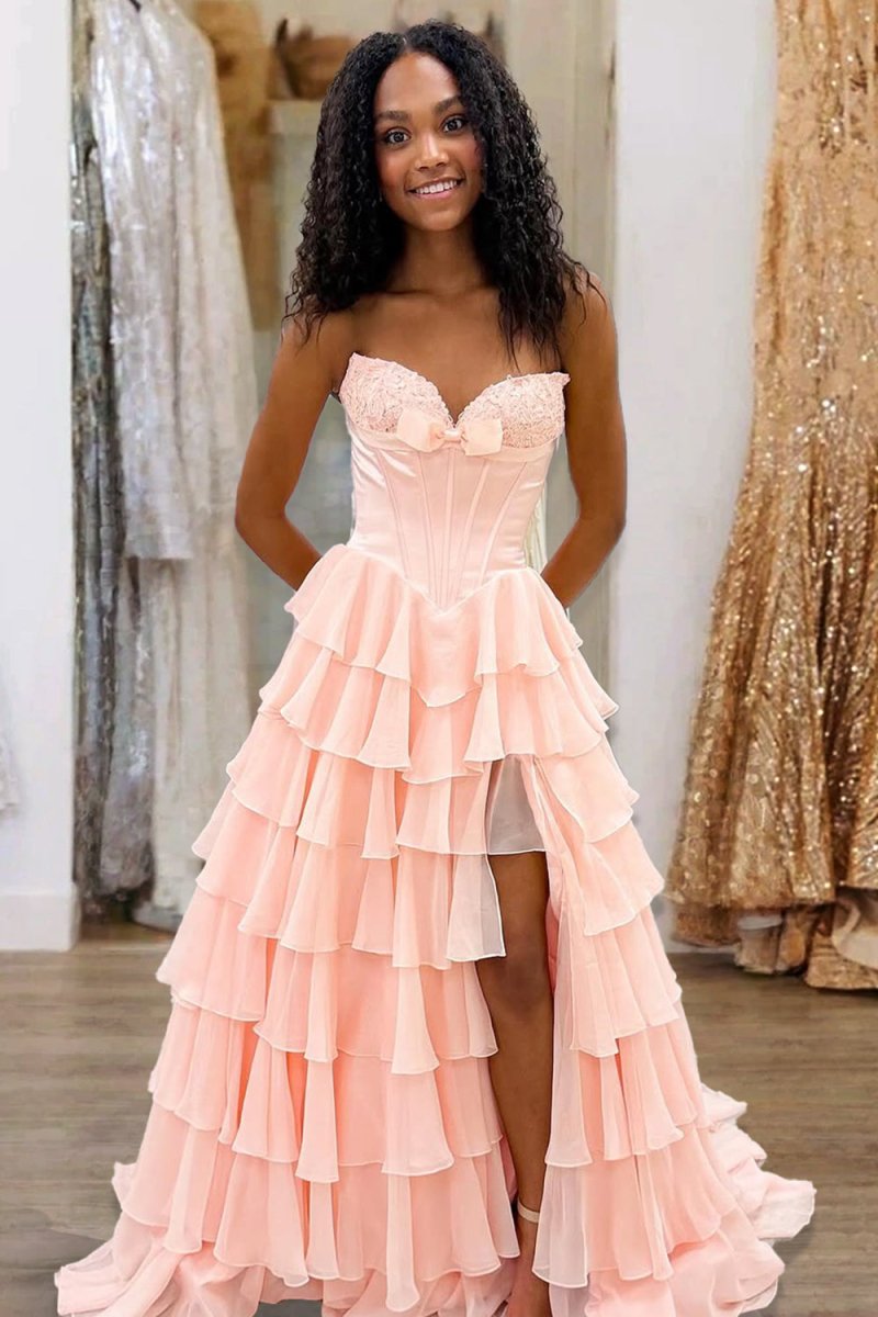 Kea | Pink - A Line Strapless Chiffon Ruffled Long Formal Prom Dresses With Bow - KissProm