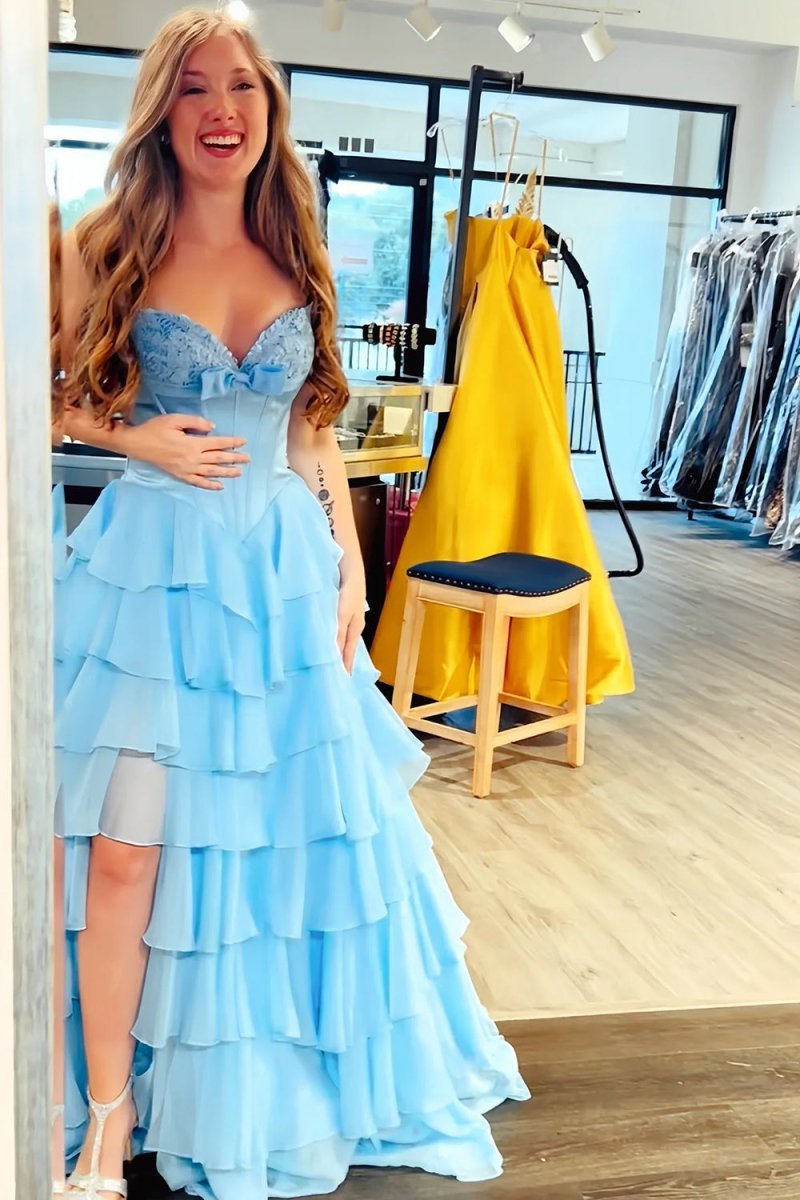 Sky Blue - A Line Strapless Chiffon Ruffled Long Formal Prom Dresses With Bow - KissProm