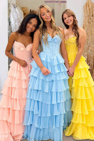 Kea | Sky Blue - A Line Strapless Chiffon Ruffled Long Formal Prom Dresses With Bow - KissProm