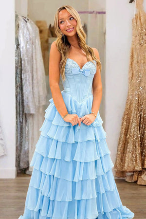Kea | Sky Blue - A Line Strapless Chiffon Ruffled Long Formal Prom Dresses With Bow - KissProm