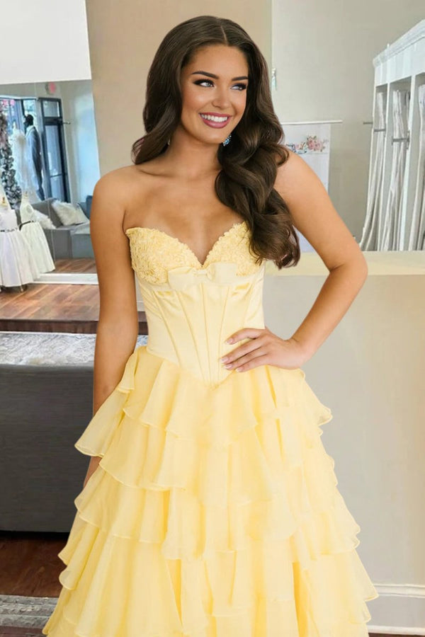 Kea | Yellow - A Line Strapless Chiffon Ruffled Long Formal Prom Dresses With Bow - KissProm