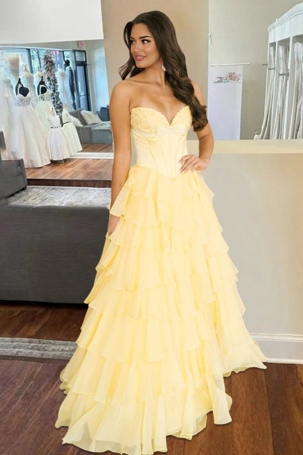 Kea | Yellow - A Line Strapless Chiffon Ruffled Long Formal Prom Dresses With Bow - KissProm