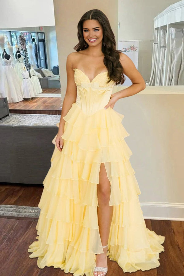 Kea | Yellow - A Line Strapless Chiffon Ruffled Long Formal Prom Dresses With Bow - KissProm