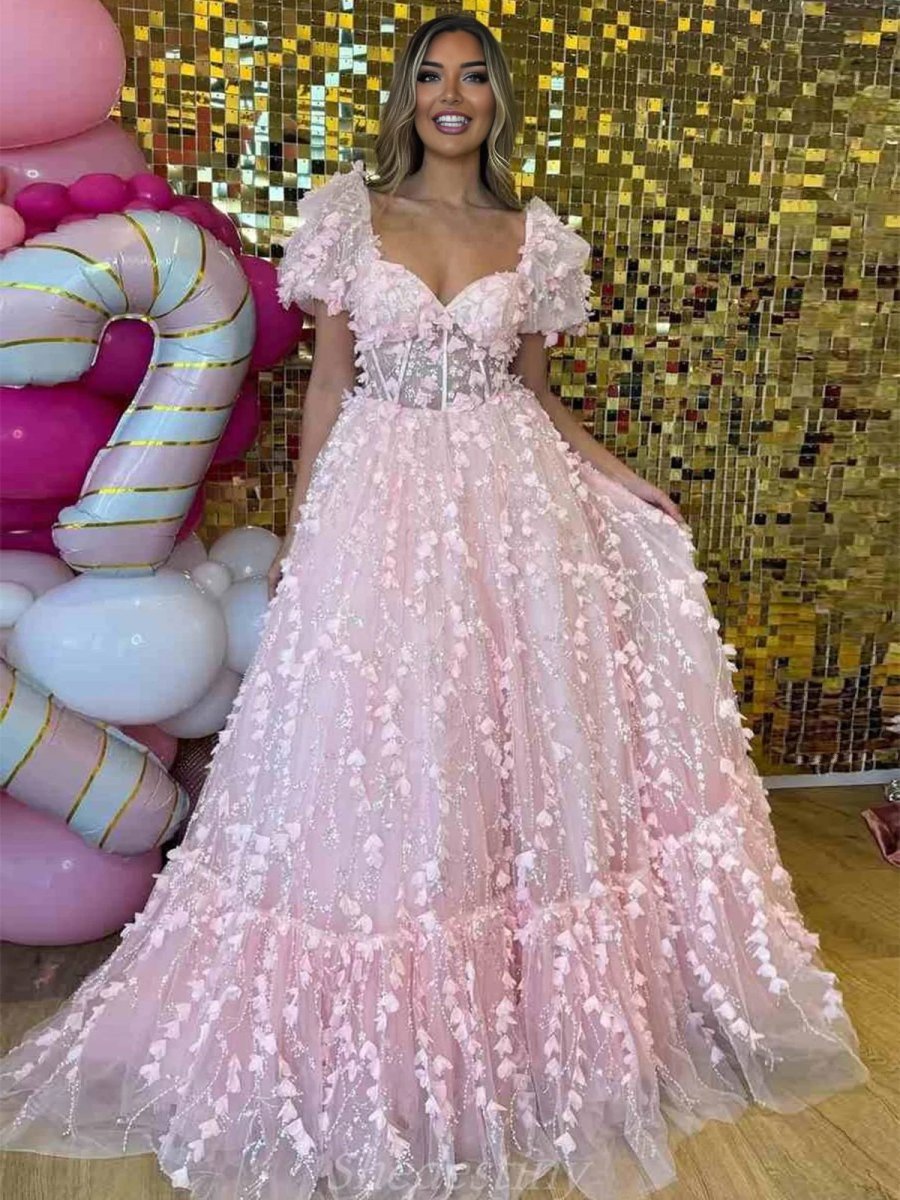 KissProm Princess Pink Sweetheart Puffy Sleeeves Prom Dress with 3D Flower, Pink / 12