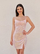 Kelis | Pink - Sheath Scoop Neck Sequined Short Homecoming Dresses with Slit