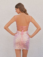 Kelis | Pink - Sheath Scoop Neck Sequined Short Homecoming Dresses with Slit
