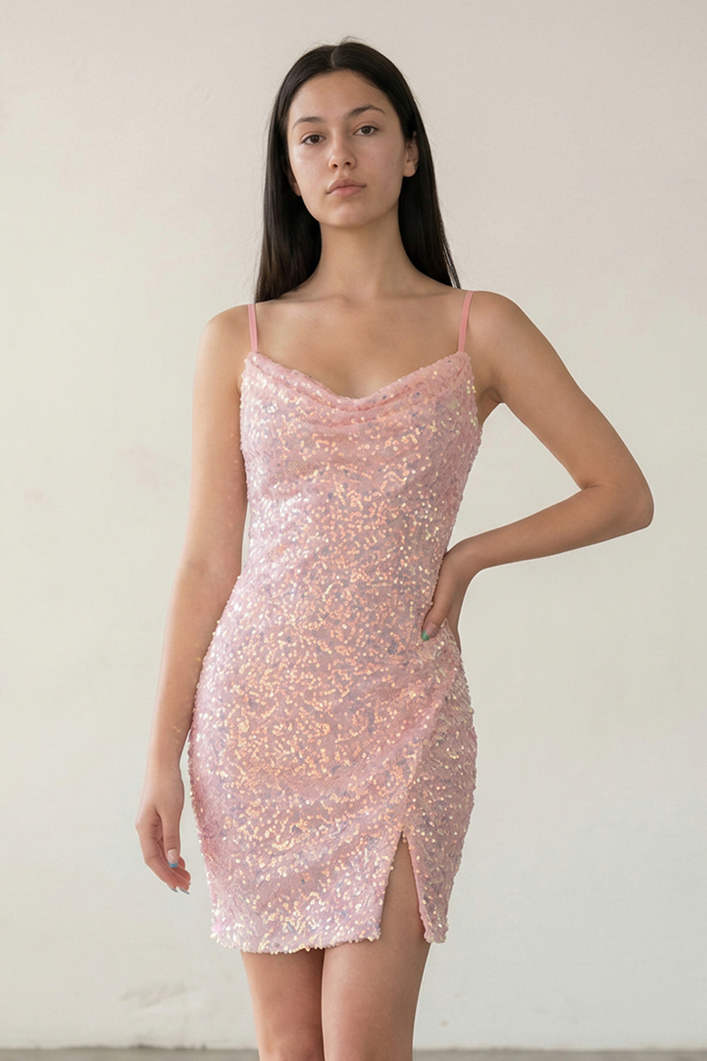 Kelis | Pink - Sheath Scoop Neck Sequined Short Homecoming Dresses with Slit