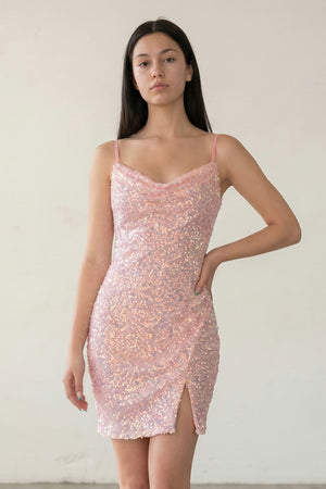 Kelis | Pink - Sheath Scoop Neck Sequined Short Homecoming Dresses with Slit