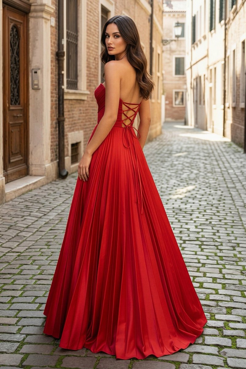 Red Satin Strapless Keyhole Ball Gown - KissProm