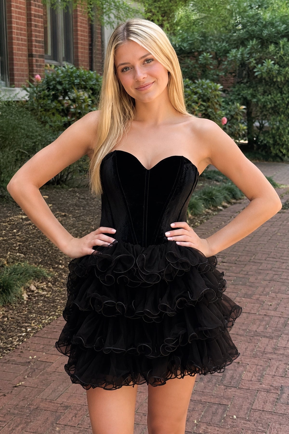 KissProm Black Velvet Sweetheart Ruffles Short Homecoming Dress, Black / 10 / Velvet
