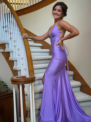 Kenny | Lilac Straps Sheath Mermaid Prom Dress with Lace - up Back - KissProm