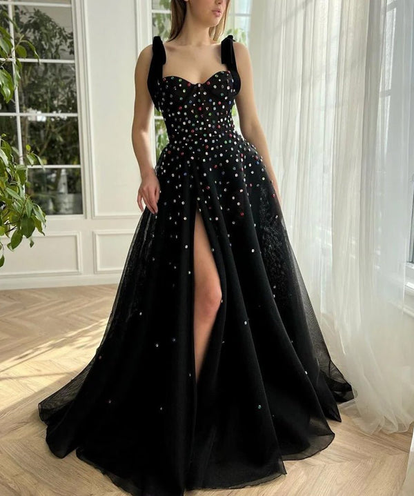 Kenzie | Tulle Bejeweled Cosmic Gown Sweep Train with Slit - KissProm
