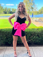 Kerith | Black - Spaghetti Straps Velvet Short Homecoming Dress With Bow