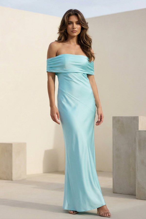 Aqua Sheath Off-the-Shoulder Satin Long Prom Dresses – Prom Dresses by KissProm | Available at KissProm