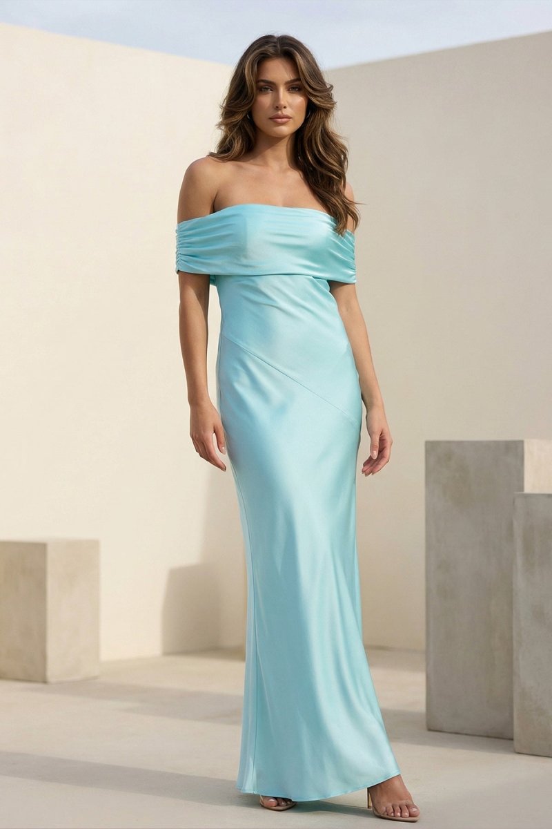 Kessira | Aqua - Sheath Off The Shoulder Satin Long Prom Dresses - KissProm