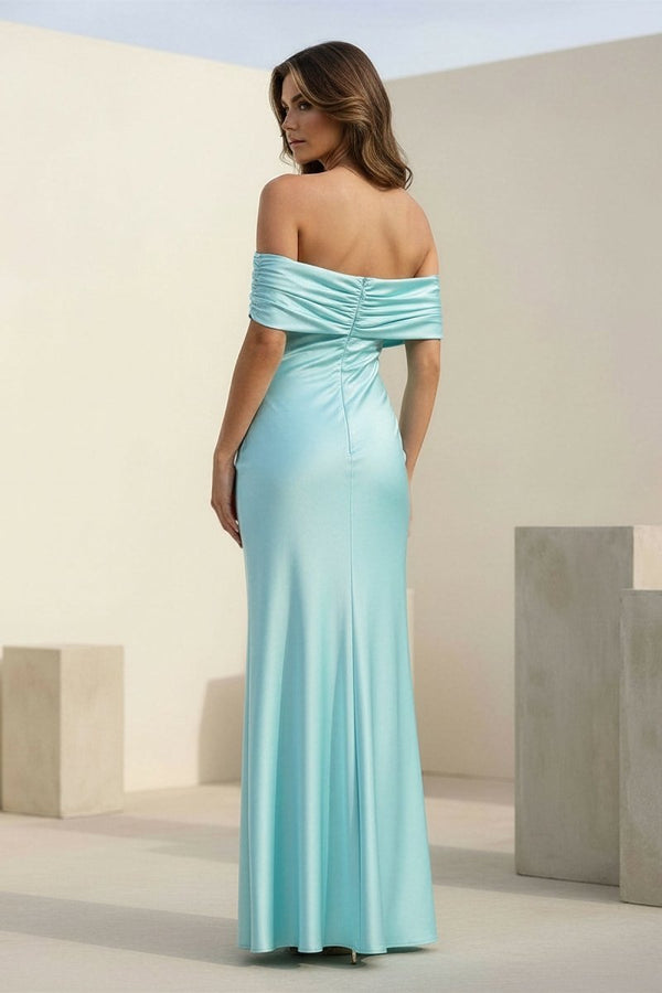 Aqua Sheath Off-the-Shoulder Satin Long Prom Dresses – Prom Dresses by KissProm | Available at KissProm