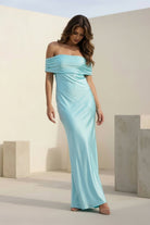 Kessira | Aqua - Sheath Off The Shoulder Satin Long Prom Dresses - KissProm