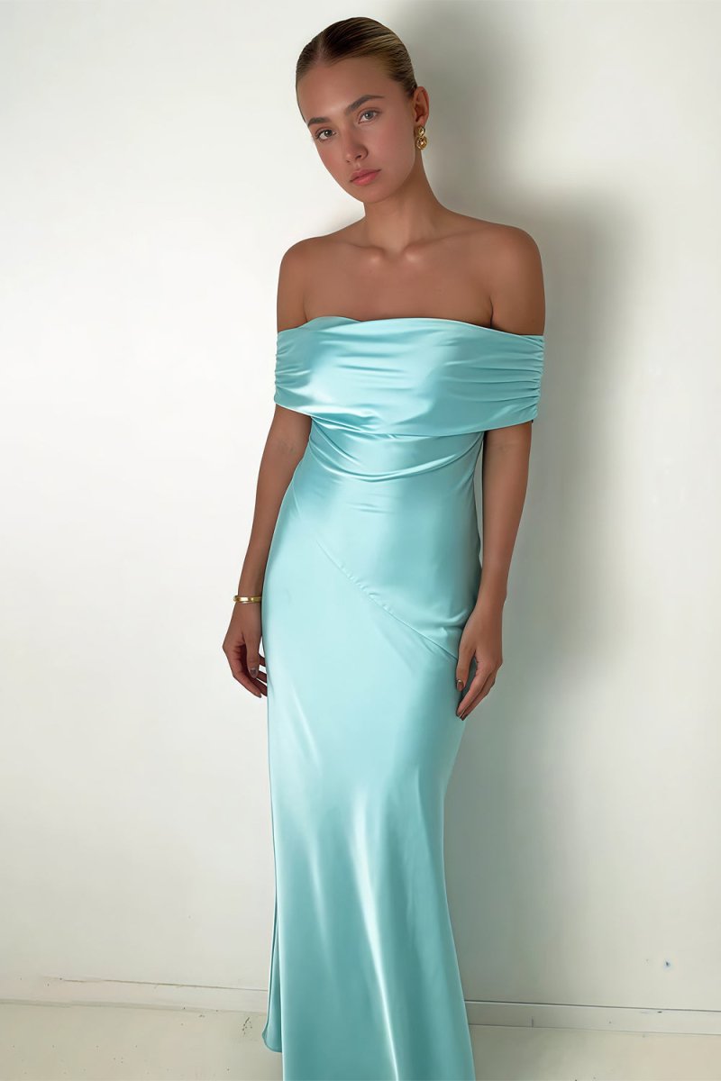 KissProm-Kessira Aqua Sheath Off The Shoulder Satin Long Prom Dresses