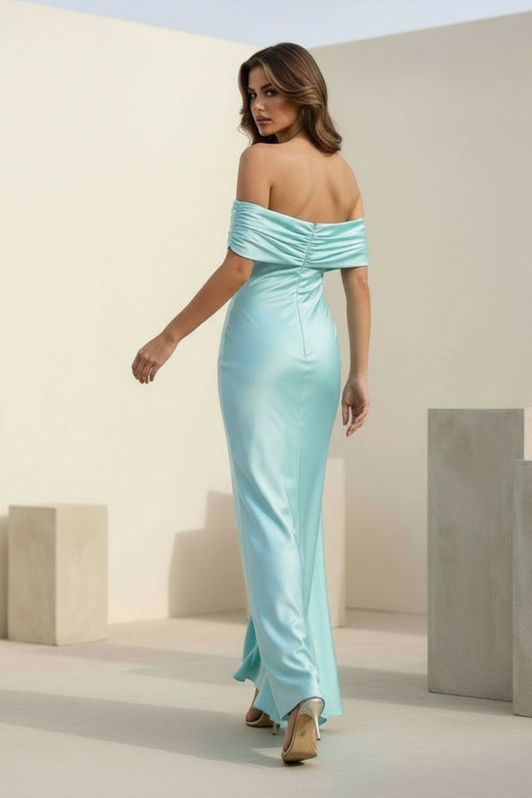Aqua Sheath Off-the-Shoulder Satin Long Prom Dresses – Prom Dresses by KissProm | Available at KissProm