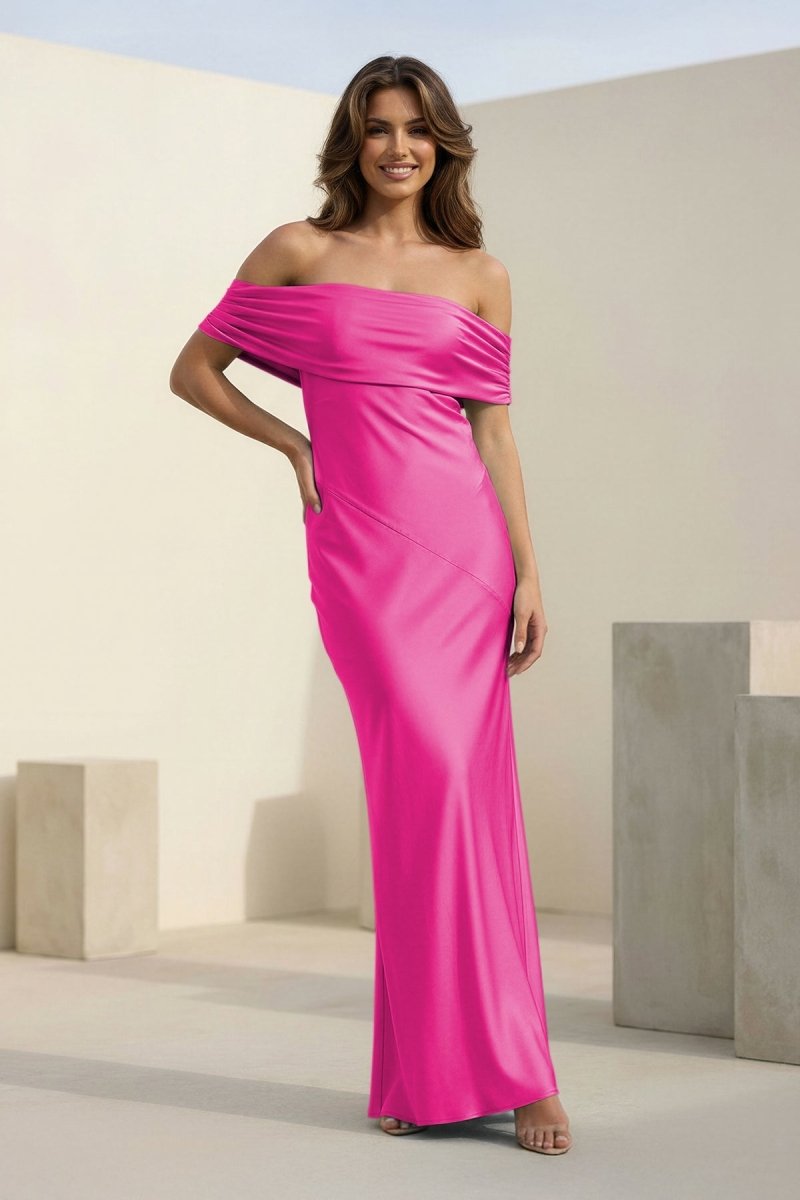 Kessira | Aqua - Sheath Off The Shoulder Satin Long Prom Dresses - KissProm