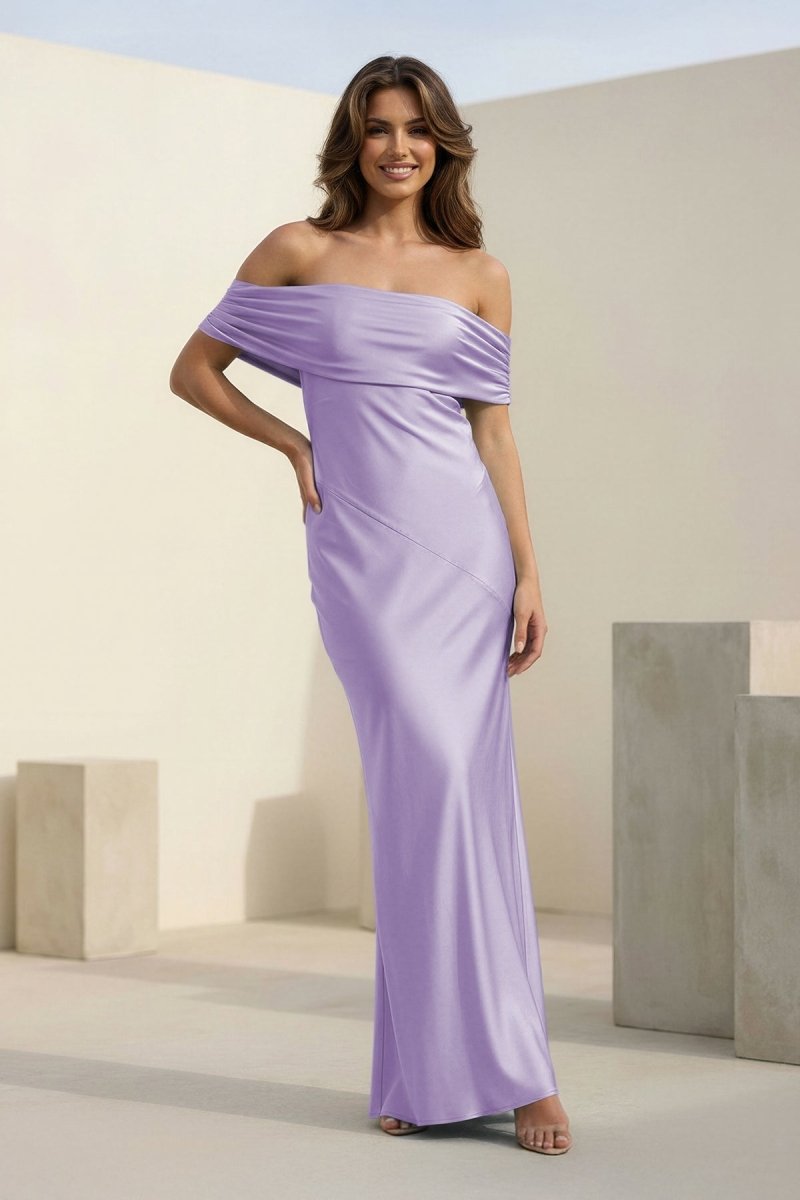 Kessira | Aqua - Sheath Off The Shoulder Satin Long Prom Dresses - KissProm