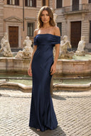 Aqua Sheath Off-the-Shoulder Satin Long Prom Dresses – Prom Dresses by KissProm | Available at KissProm