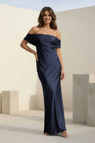Kessira | Aqua - Sheath Off The Shoulder Satin Long Prom Dresses - KissProm