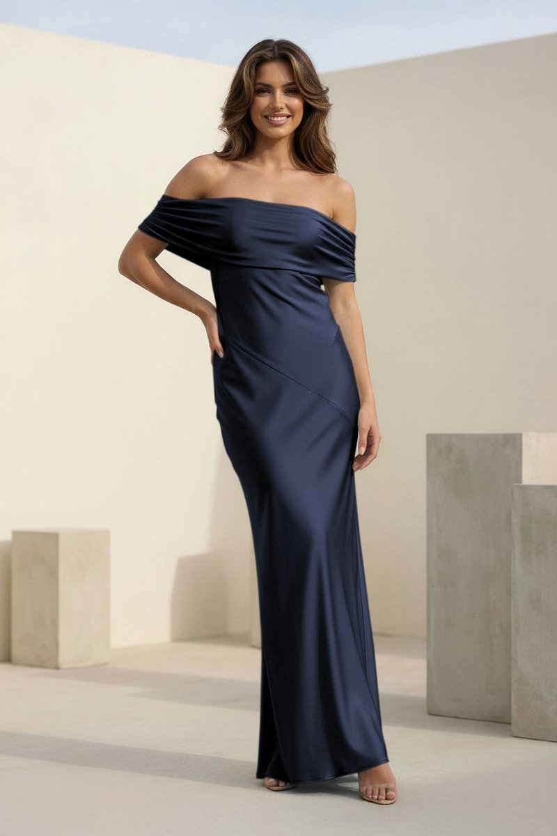 Kessira | Aqua - Sheath Off The Shoulder Satin Long Prom Dresses - KissProm