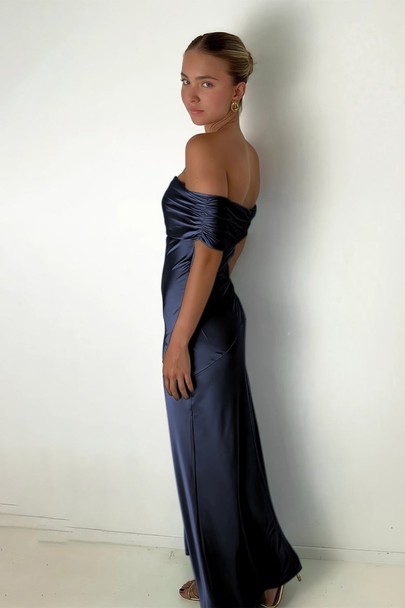 Kessira | Aqua - Sheath Off The Shoulder Satin Long Prom Dresses - KissProm