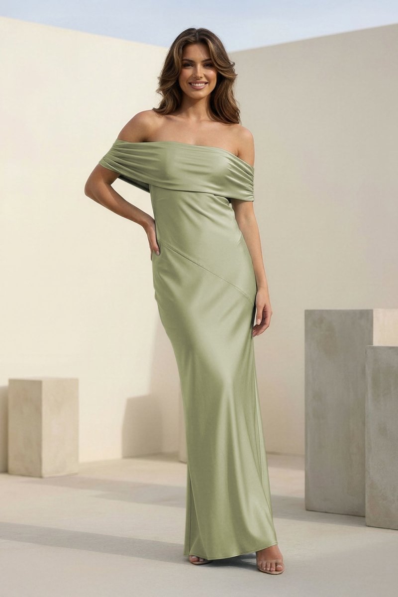 Kessira | Aqua - Sheath Off The Shoulder Satin Long Prom Dresses - KissProm