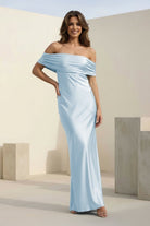 Kessira | Aqua - Sheath Off The Shoulder Satin Long Prom Dresses - KissProm