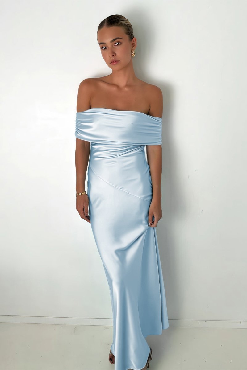 Kessira | Aqua - Sheath Off The Shoulder Satin Long Prom Dresses - KissProm