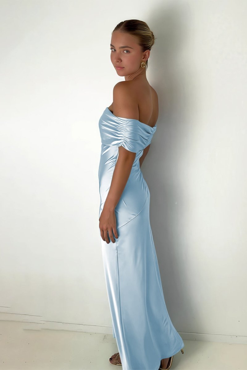 Kessira | Aqua - Sheath Off The Shoulder Satin Long Prom Dresses - KissProm