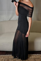 KissProm-Kessy Black Mermaid Off The Shoulder Ruched Tulle Long Prom Dresses