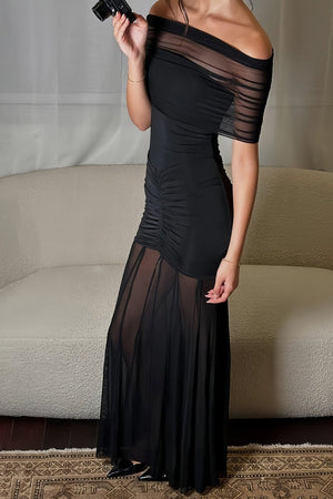 Kessy | Black - Mermaid Off The Shoulder Ruched Tulle Long Prom Dresses-KissProm