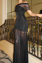 KissProm-Kessy Black Mermaid Off The Shoulder Ruched Tulle Long Prom Dresses