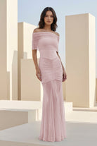 Kessy | Red - Mermaid Off The Shoulder Ruched Tulle Long Prom Dresses - KissProm