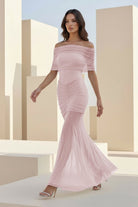 Kessy | Red - Mermaid Off The Shoulder Ruched Tulle Long Prom Dresses - KissProm