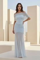 Kessy | Sky Blue - Mermaid Off The Shoulder Ruched Tulle Long Prom Dresses - KissProm