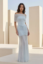 Kessy | Sky Blue - Mermaid Off The Shoulder Ruched Tulle Long Prom Dresses - KissProm