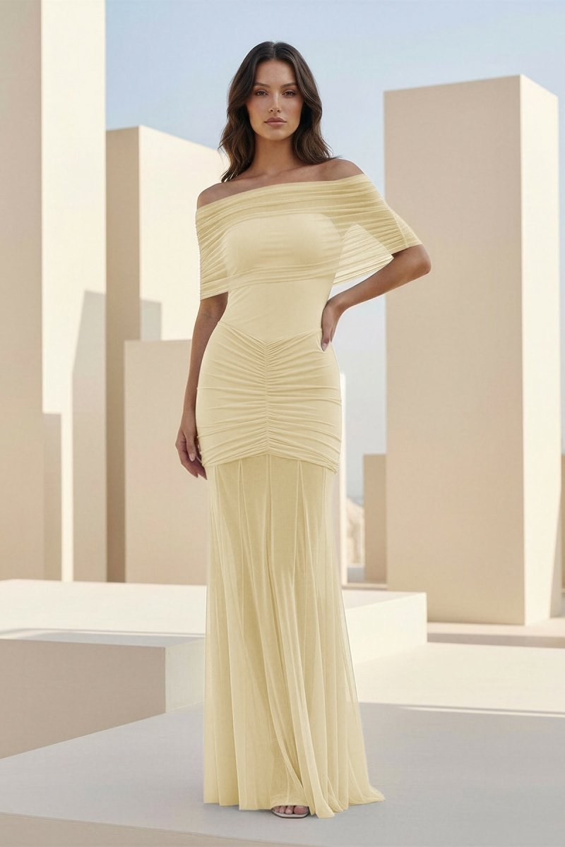 Kessy | Red - Mermaid Off The Shoulder Ruched Tulle Long Prom Dresses - KissProm