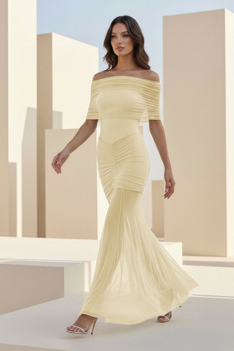 Kessy | Red - Mermaid Off The Shoulder Ruched Tulle Long Prom Dresses - KissProm